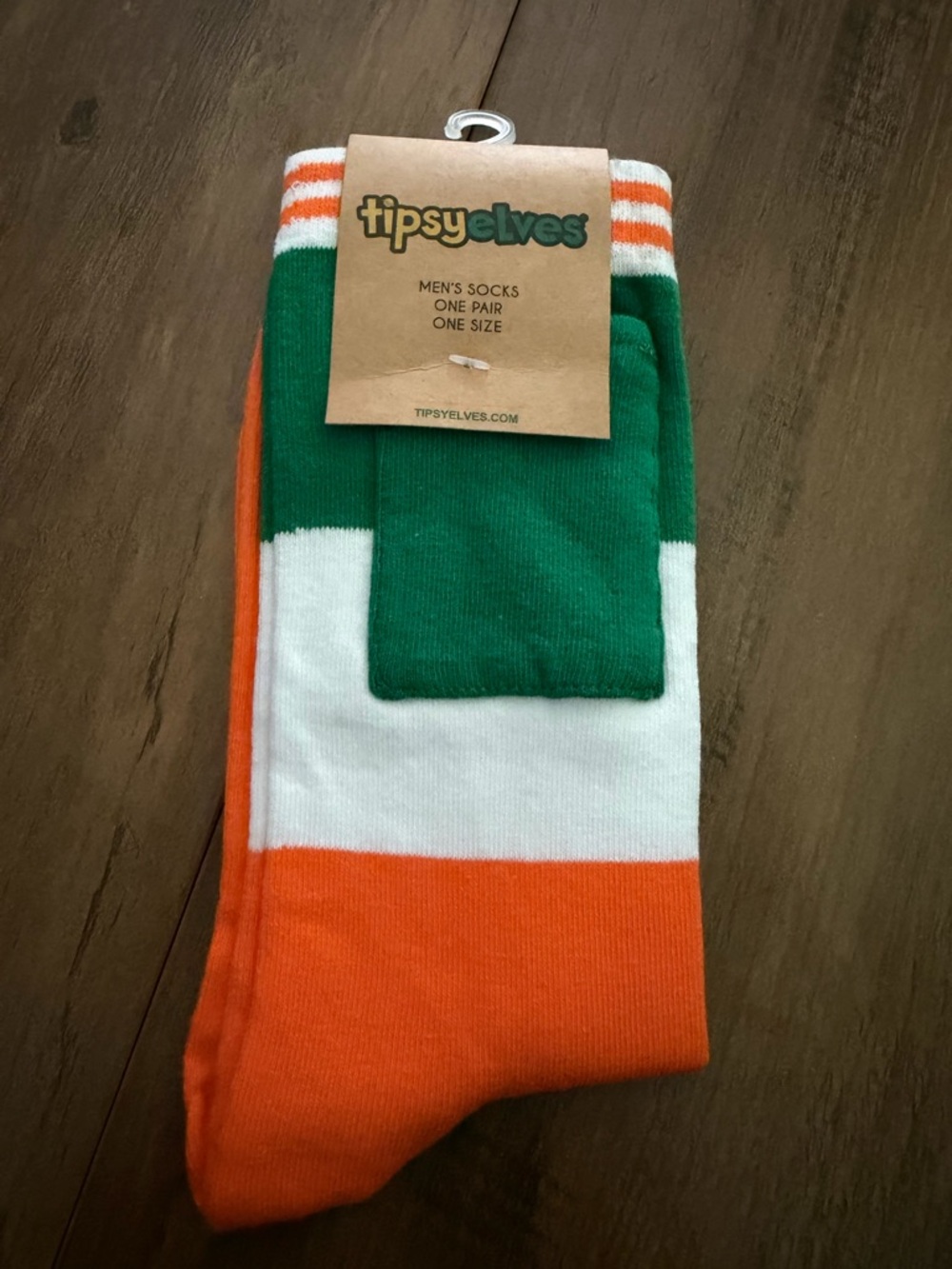 Tipsy Elves Men's Green White and Orange Bold Stripe Crew Socks